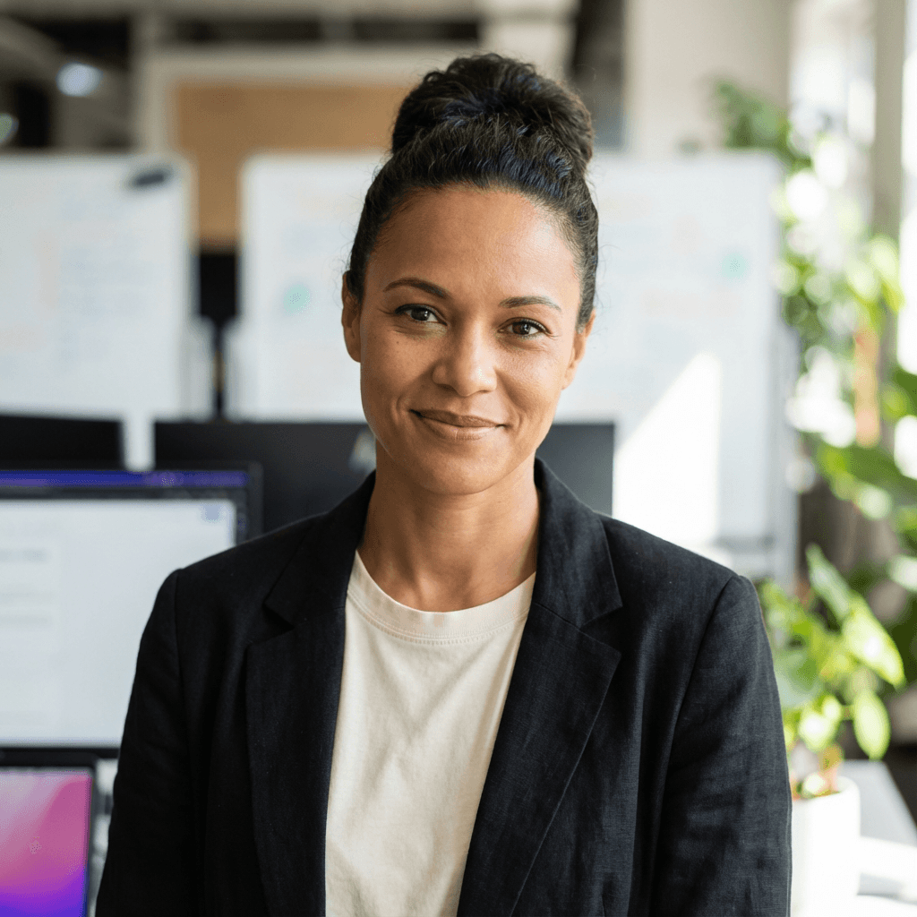 Dana Whitfield, operations director, smiling in a bright office setting