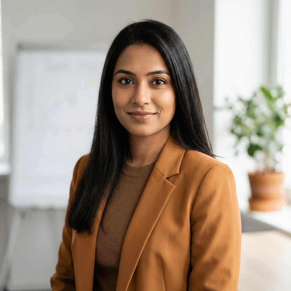 Priya Raman, marketing lead, at her desk with a laptop