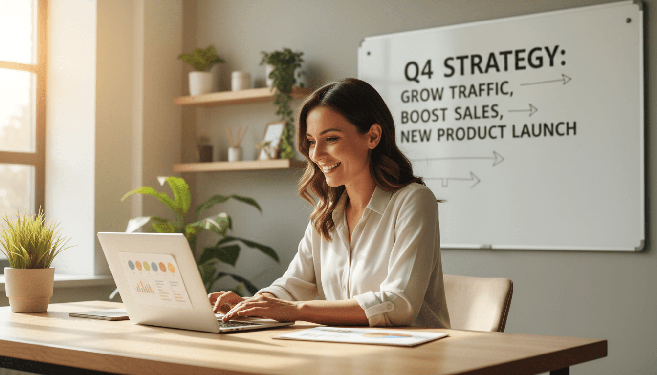 Business owner reviewing marketing strategy charts on a laptop in a modern office