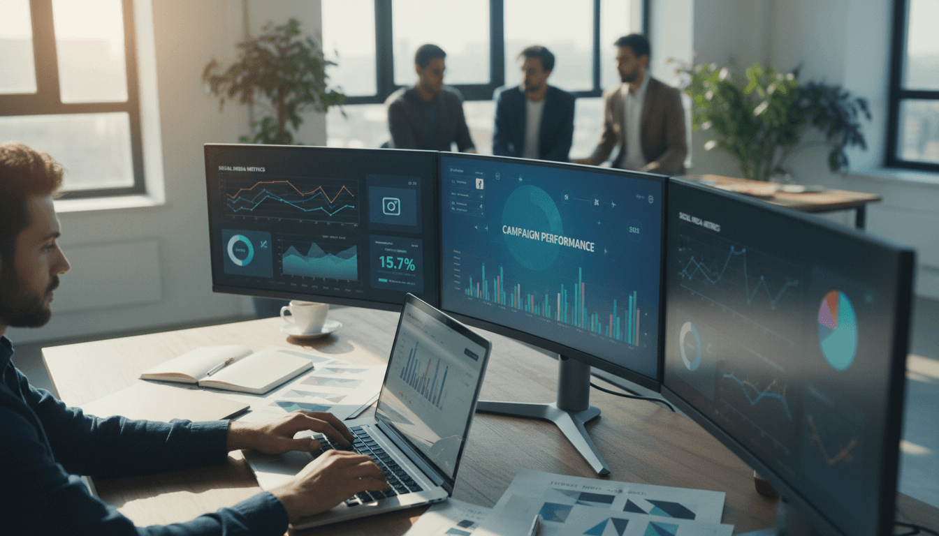 Marketing strategist's desk with laptop showing analytics charts