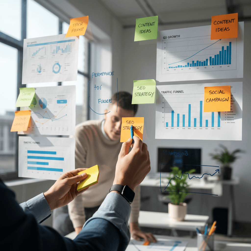 Marketing strategists mapping a campaign funnel