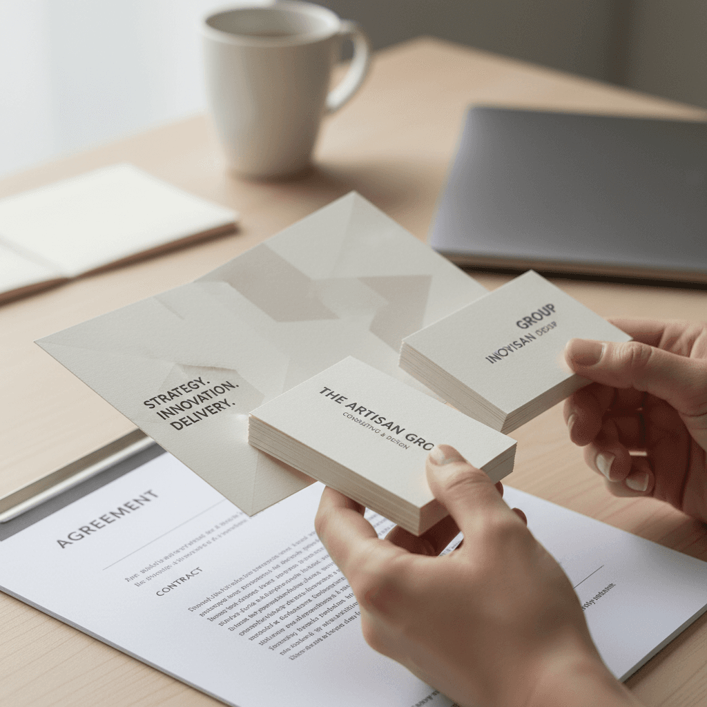 Hands holding printed marketing materials and business card