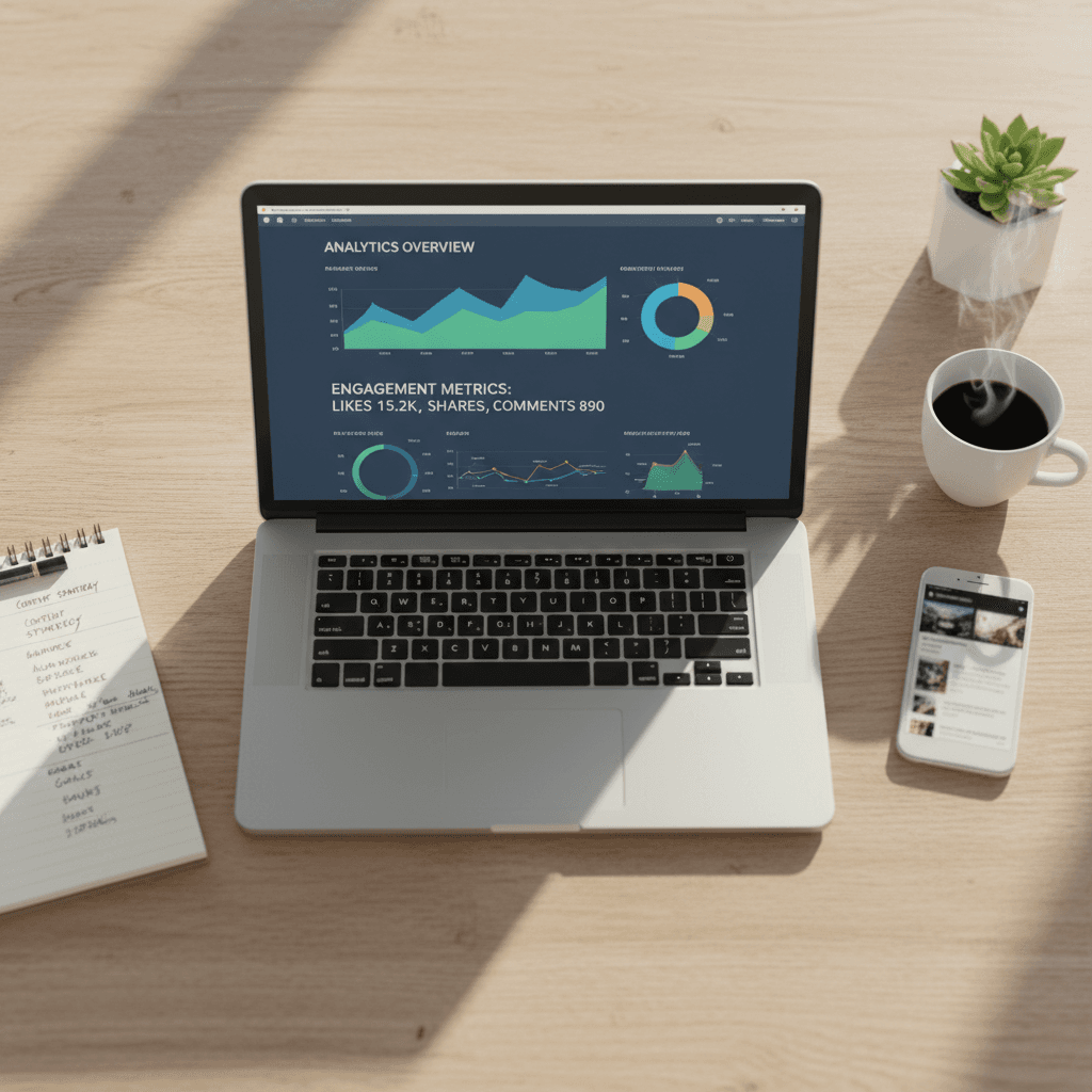 A clean white desk with a laptop showing a blurred analytics dashboard, a notebook with handwritten campaign notes, and a coffee cup