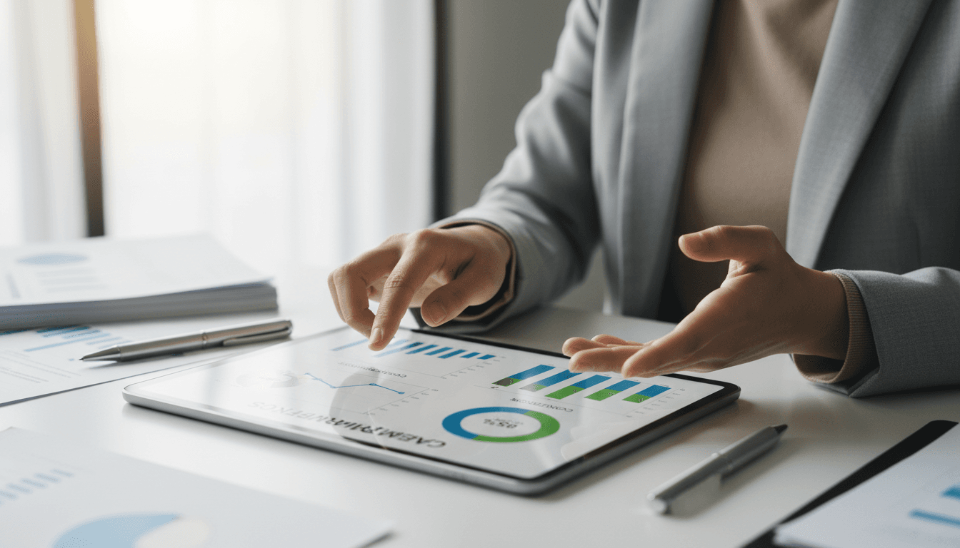 Marketing consultant reviewing campaign performance charts on a tablet